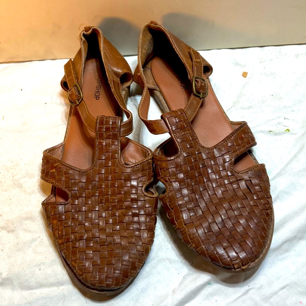 Tan Topshop woven buckle sandals